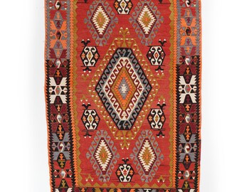 ヴィンテージトルコラグ、レッド 4 x 7フィートエリアラグ、アナトリア