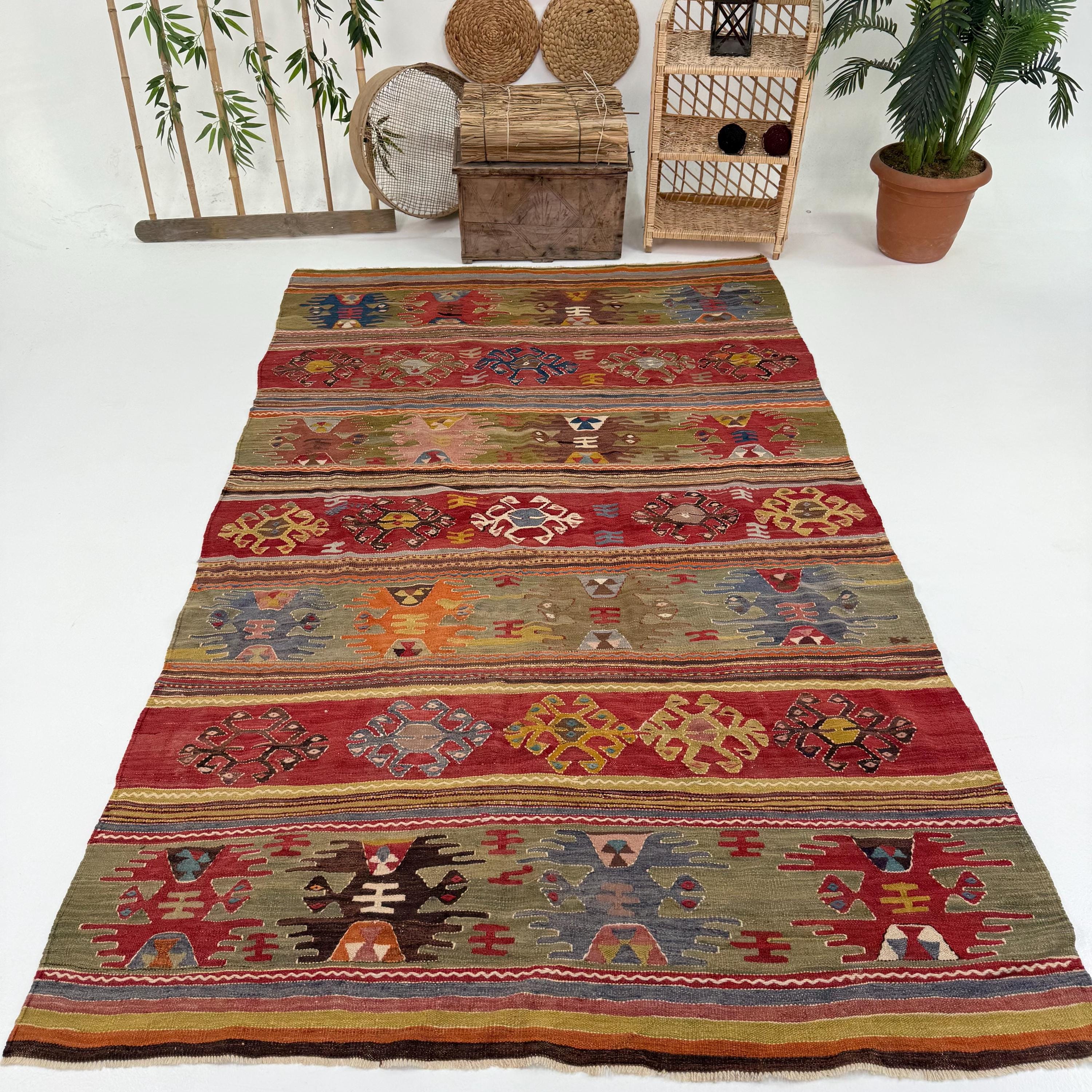 幾何学模様のトルコキリム、5.7x9.4フィートの大型ヴィンテージ