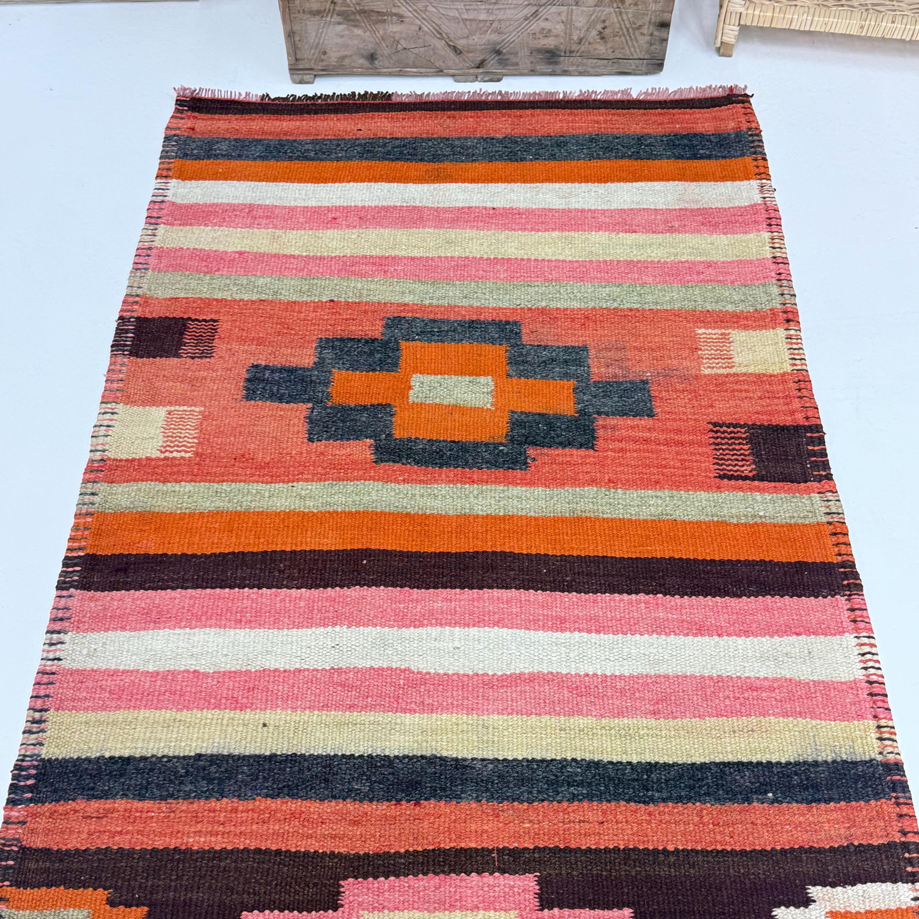 Vintage 3x8.2 ft Rug, Runner Turkish Rug, Orange Oriental Wool Rug