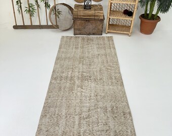 Vintage Rug, Area 3.3x7.4 ft Turkish Rug, Gray Bordered Wool Rug