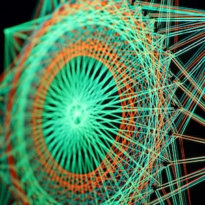 Può includere: Opera d'arte geometrica astratta con un design a forma di stella. L'opera presenta una complessa rete di linee intersecanti nelle tonalità del verde e dell'arancione su uno sfondo nero. Le linee creano un senso di profondità e dimensione.