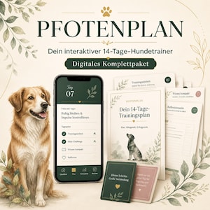 May include: A digital dog training program titled PFOTENPLAN featuring a smartphone displaying a 14-day schedule, printed training plan documents, and small cards. The design includes a golden-brown dog illustration and green leaf accents.