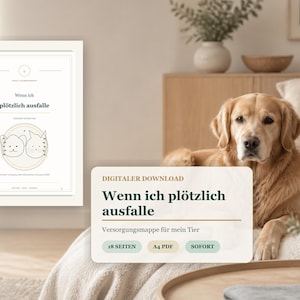 May include: A digital download document titled "Wenn ich plötzlich ausfalle" featuring a pet care planner for animals. The document includes 18 pages in A4 PDF format, with a minimalist design showing line art of a cat and dog face.