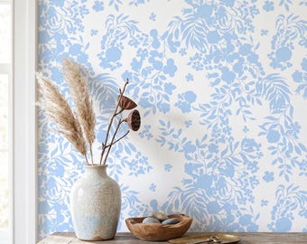 French Country Blue Peel And Stick Wallpaper For Livingroom, Blue Toile De Jouy Chinoiserie Wallpaper, Blue Vintage Floral Contact Paper