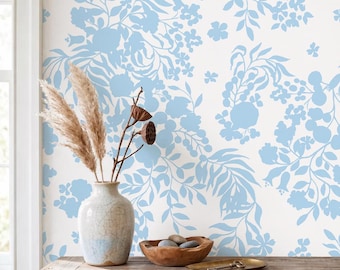 French Country Blue Peel And Stick Wallpaper For Livingroom, Blue Toile De Jouy Chinoiserie Wallpaper, Blue Vintage Floral Contact Paper