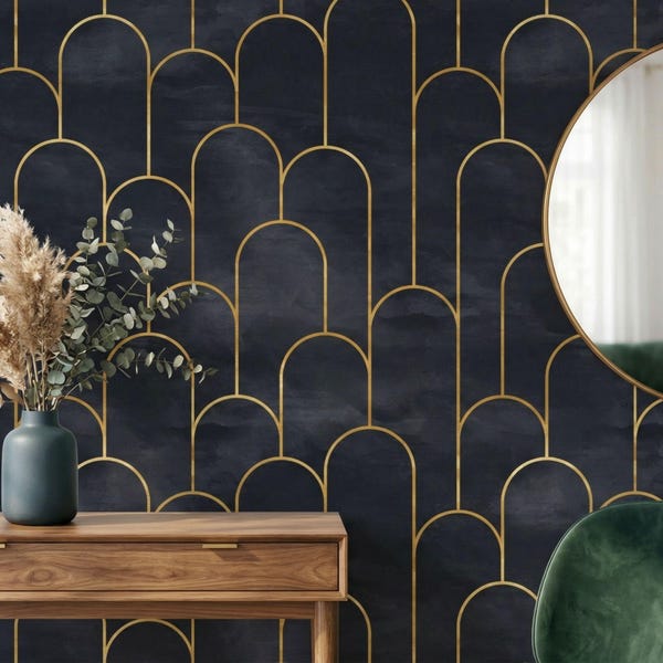 Navy Blue With Methalic Gold Archs Art Deco Wallpaper, Elegant Peel and Stick Accent Wallpaper