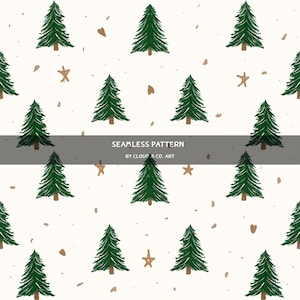 May include: Seamless pattern featuring green Christmas trees, brown stars, and heart shapes on a cream background. The text "SEAMLESS PATTERN BY CLOUD & CO. ART" is displayed in a gray rectangle.