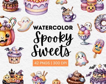 Kawaii Halloween Desserts Clipart Bundle | 42 PNG Watercolor Cupcakes, Cakes, Cookies & Treats | Cute Digital Download For Commercial Use