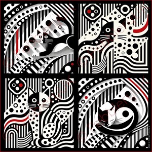 May include: A black and white abstract art print featuring four panels with stylized cat illustrations. Each panel has a unique design with stripes, dots, and curved lines, accented with red details. The artwork is framed in a black border.