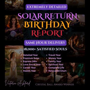 May include: An advertisement for a Solar Return Birthday Report. The image features the text "Solar Return Birthday Report" in large, colorful letters. Additional text includes "Extremely Detailed," "Same Hour Delivery," and a list of report features. The image also includes the text "18,000+ Satisfied Souls."