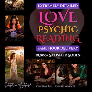 Op de afbeelding: Een promotieafbeelding voor een paranormale readingservice. De afbeelding toont de tekst "LOVE PSYCHIC READING" in roze en geel, met extra tekst met de vermelding "SAME HOUR DELIVERY" en "18.000+ SATISFIED SOULS." Er zijn verschillende foto's van een vrouw opgenomen, samen met de naam "Victoria Ashford."