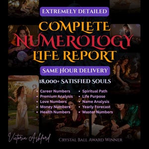 Può includere: Grafica promozionale per un rapporto di numerologia. Il design presenta il testo "EXTREMELY DETAILED COMPLETE NUMEROLOGY LIFE REPORT" in oro e arancione. Include immagini di donne con sfere di cristallo ed elenca servizi come numeri di carriera.