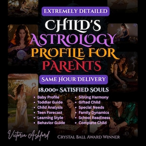 Könnte beinhalten: Werbung für ein Kinder-Astrologie-Profil für Eltern. Der Text enthält „Extrem detailliert“, „Lieferung am selben Tag“ und „18.000+ zufriedene Seelen“. Das Bild zeigt Frauen mit Kristallkugeln und eine Liste von Dienstleistungen.