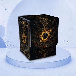 May include: A square deck box featuring a black background with intricate gold illustrations of a central celestial orb surrounded by radiating light, branching tree-like patterns, and floral motifs on the front and side panels.