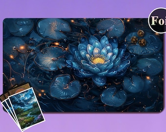 May include: A rectangular playmat featuring a detailed illustration of a blue water lily surrounded by lily pads. The mat has a dark blue and gold color scheme, with a foil finish. A small stack of cards is in the lower left corner.