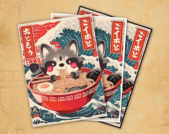 MTG Card Sleeves, Ukiyo-e Ramen Raccoon Bloomburrow Sleeves, Matte/ Foil, Standard Size.