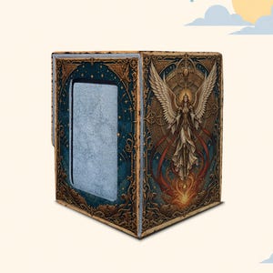 May include: A rectangular storage box featuring a dark blue front panel with a light grey rectangular inset. The side panel displays an intricate illustration of a winged figure in gold, brown, and red tones, surrounded by ornate, decorative filigree.