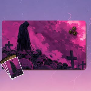 Detailed gothic playmat showcasing a high-contrast dark fantasy scene of ancient gravestones and scattered skeletal remains. The intense monochromatic detail on this tcg playmat ensures a powerful tabletop presence for dedicated mtg playmat collectors.