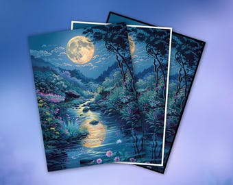 May include: Three art prints featuring a serene night landscape with a full moon, a river, and trees. The artwork has a dreamy, ethereal quality with soft colors and reflections in the water. The prints are stacked on a gradient blue background.