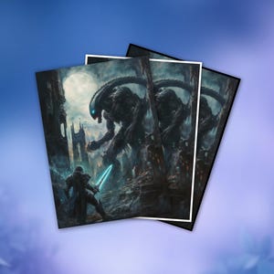 May include: Three fantasy art prints depicting a sci-fi battle scene. A warrior with a glowing blue sword confronts a towering alien creature in a dark, gothic cityscape under a full moon. The prints have white borders.