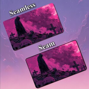 May include: Two rectangular mouse pads with a gothic theme. The pads feature a dark figure in a hooded cloak standing in a graveyard filled with skulls and crosses, under a pink sky. The word "Seamless" is printed on one pad, and "Seam" on the other.