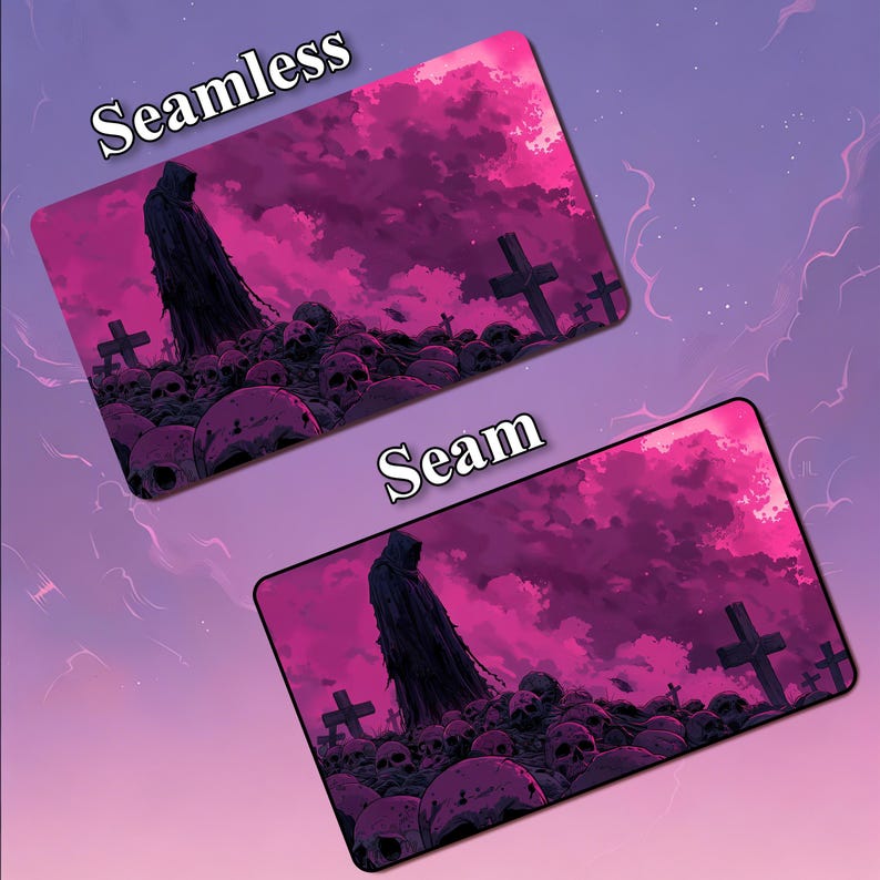 May include: Two rectangular mouse pads with a gothic theme. The pads feature a dark figure in a hooded cloak standing in a graveyard filled with skulls and crosses, under a pink sky. The word "Seamless" is printed on one pad, and "Seam" on the other.