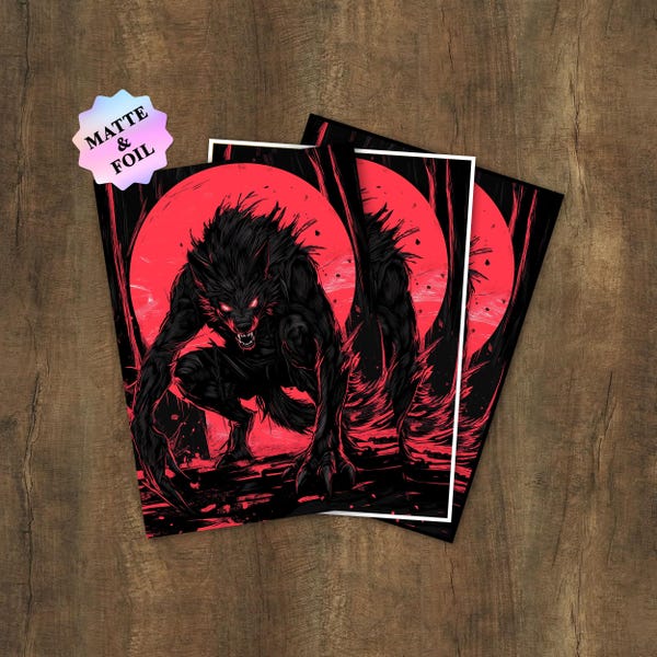 MTG Card Sleeves- Blood Moon Werewolf Art Sleeves. Border & Finishes Options, Standard Size.