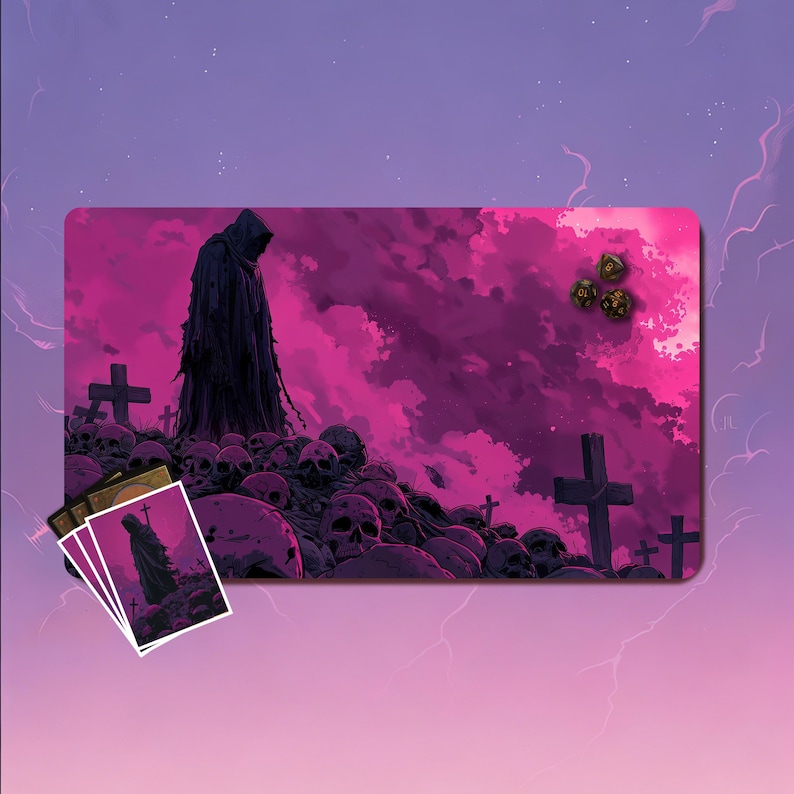 Detailed gothic playmat showcasing a high-contrast dark fantasy scene of ancient gravestones and scattered skeletal remains. The intense monochromatic detail on this tcg playmat ensures a powerful tabletop presence for dedicated mtg playmat collectors.