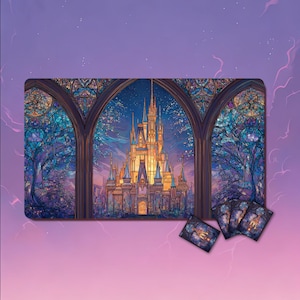 May include: A rectangular playmat with a detailed illustration of a castle at night, framed by stained-glass arches. The artwork is in shades of blue, purple, and gold. Several matching card sleeves are visible in the lower right corner.