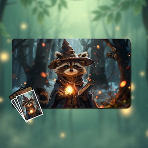 May include: A fantasy playmat depicting a raccoon dressed as a wizard in a forest. The raccoon is wearing a pointed hat and cloak, holding a glowing orb and a book. Dice and cards with the same image are also present.