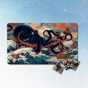 May include: A rectangular playmat featuring a dark blue octopus with red suckers emerging from stylised blue ocean waves and attacking a wooden ship, set against a background of orange and grey clouds, accompanied by four matching square coasters.