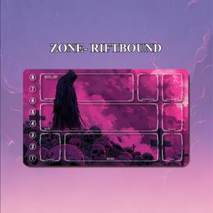 May include: A rectangular Zone-Riftbound playmat with a dark fantasy theme. The mat features a hooded figure, skulls, and a graveyard scene in shades of purple and black. The mat has designated zones for gameplay, with the text "ZONE- RIFTBOUND" at the top.
