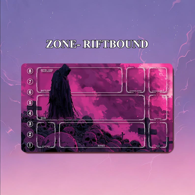 May include: A rectangular Zone-Riftbound playmat with a dark fantasy theme. The mat features a hooded figure, skulls, and a graveyard scene in shades of purple and black. The mat has designated zones for gameplay, with the text "ZONE- RIFTBOUND" at the top.