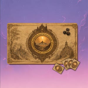 May include: A rectangular tan playmat featuring a detailed brown ink illustration of a central mountain landscape surrounded by a circular frame with script, flanked by castles and trees. Three black polyhedral dice and four small rectangular cards.