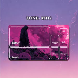 May include: A rectangular playmat with a dark fantasy theme. The mat features a hooded figure, skulls, and text labels for game zones like "Battlef" and "Lands." The background is a gradient of purple and pink.