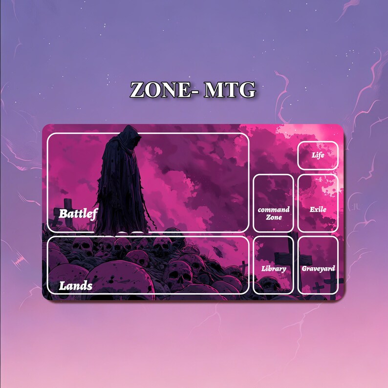 May include: A rectangular playmat with a dark fantasy theme. The mat features a hooded figure, skulls, and text labels for game zones like "Battlef" and "Lands." The background is a gradient of purple and pink.