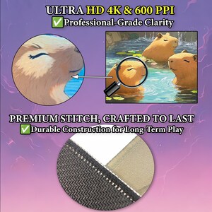 May include: An illustration of capybaras in water, with a close-up detail. The image includes text: "ULTRA HD 4K & 600 PPI Professional-Grade Clarity" and "PREMIUM STITCH, CRAFTED TO LAST Durable Construction for Long-Term Play".