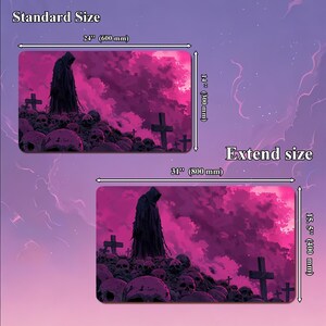 May include: A rectangular mouse pad with a gothic theme, featuring a hooded figure, crosses, and skulls against a pink and purple sky. The standard size is 24 inches by 14 inches, and the extended size is 31 inches by 15.5 inches.