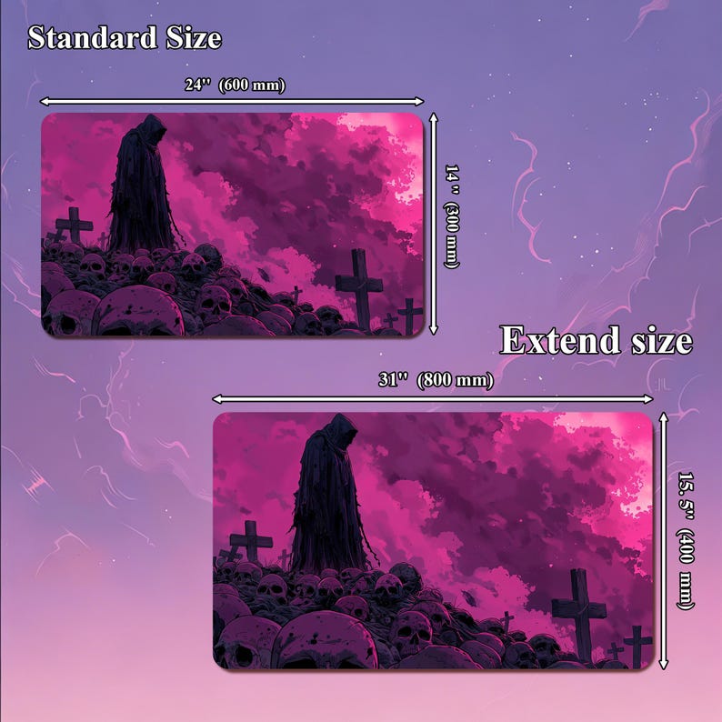 May include: A rectangular mouse pad with a gothic theme, featuring a hooded figure, crosses, and skulls against a pink and purple sky. The standard size is 24 inches by 14 inches, and the extended size is 31 inches by 15.5 inches.