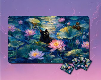 Tappetino da gioco MTG - Gatto nero e laghetto di loto, tappetino TCG personalizzato con zone, 61 x 35,5 cm