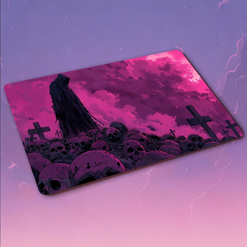 May include: A rectangular mousepad featuring a dark, gothic scene. The design includes a hooded figure, skulls, and crosses under a pink and purple sky. The artwork has a digital painting style.