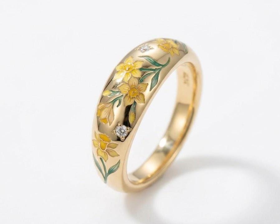 14K Gold Hand Painted Birth Flower Ring Enamel Jewelry Antique ...