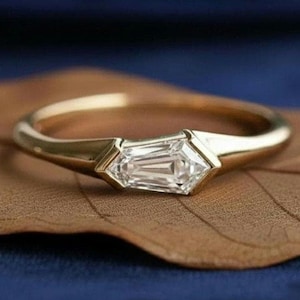 1ct to 3ct Kite Cut East To West Lab Grown Engagement Ring, Half Bezel Set Wedding Ring, 14K Gold Solitaire Antique Anniversary Gift For Her