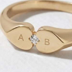 Custom Two Initial Ring with Diamond, Personalized Heart Split Band, Gold Initial Ring, Couple Initial Jewelry, Best Friend Gift, Mom Gift