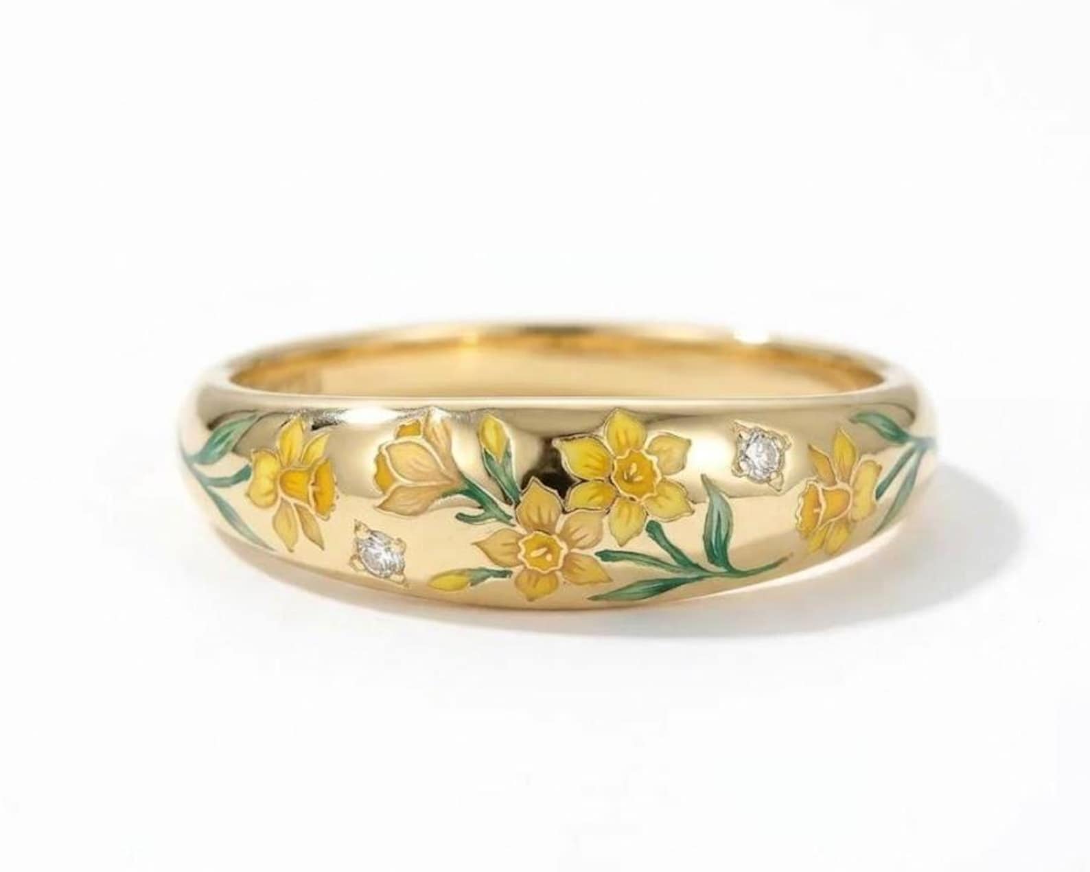 14K Gold Hand Painted Birth Flower Ring Enamel Jewelry Antique ...