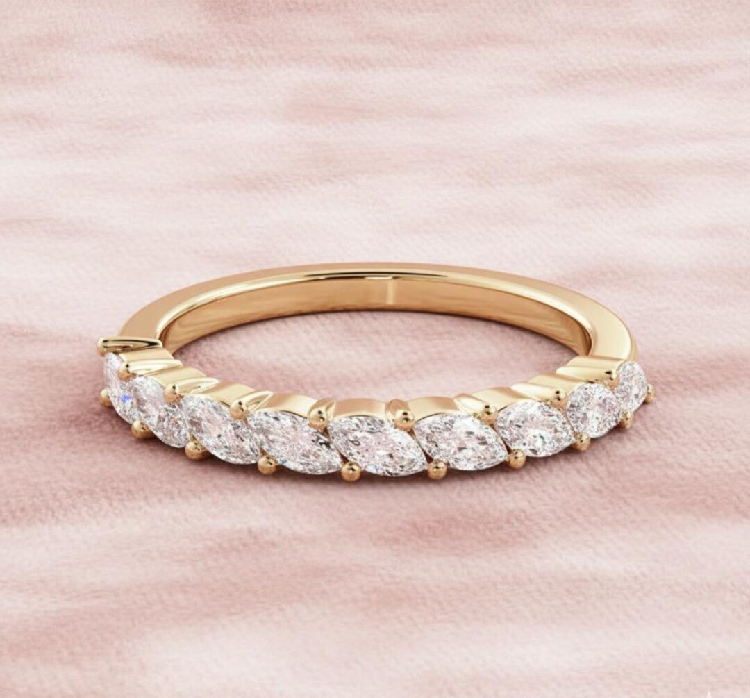 Marquise Half Eternity Moissanite Ring Wedding Band 14K Gold Bridal ...