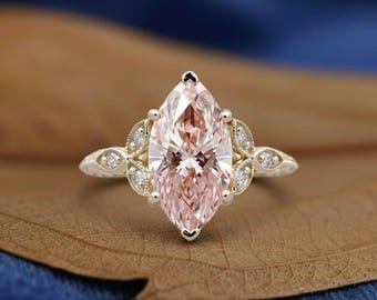 Vintage 3ct Marquise Moissanite Pink Engagement Ring Unique Pink Wedding Ring, 14K Gold Pink Ring, Pink Anniversary Gift For Her Pink Bridal