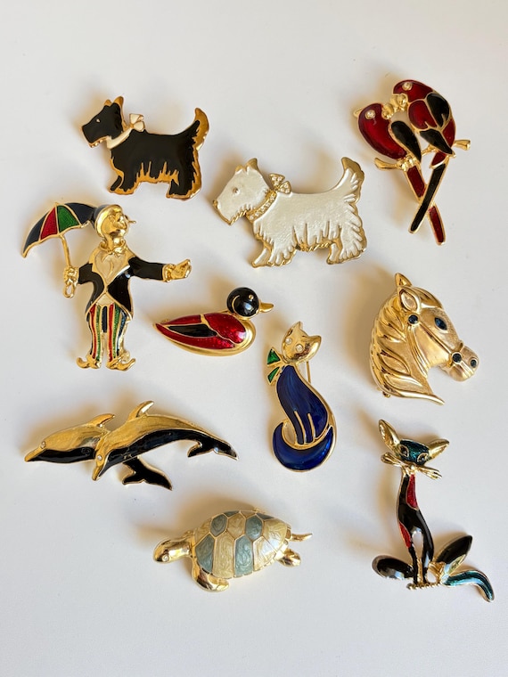 Vintage Animal Brooch, Enamel Cat Dog Turtle Bird Dolphin Parrot Clown Horse Pin, Gold Tone Equestrian Jewelry, Collectible Gift for Her Him