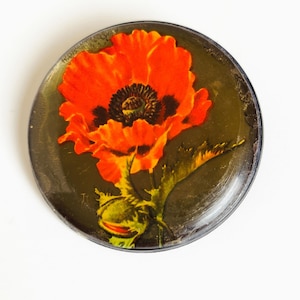 Peut inclure: Un presse-papier en verre circulaire présentant un coquelicot orange vif avec un centre sombre et un bouton vert sur un fond vert olive foncé et sourd. Le motif est enchâssé dans un dôme en verre clair, lisse et arrondi, avec une finition polie.