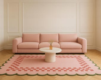 Alfombra de cuadros rosa: decoración retro con bordes festoneados